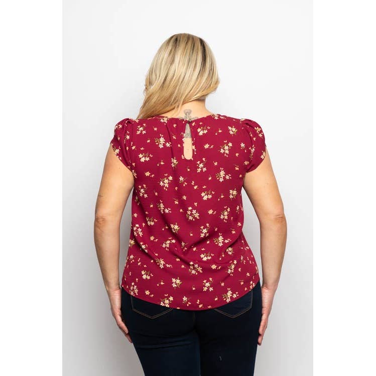 PLUS SIZE FLORAL ROUND NECK TULIP SHORT SLEEVE BLOUSE