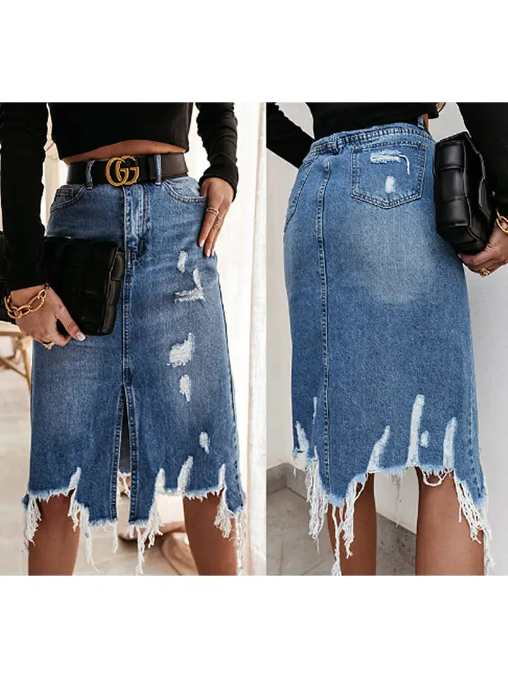 Split Ripped Denim Skirt
