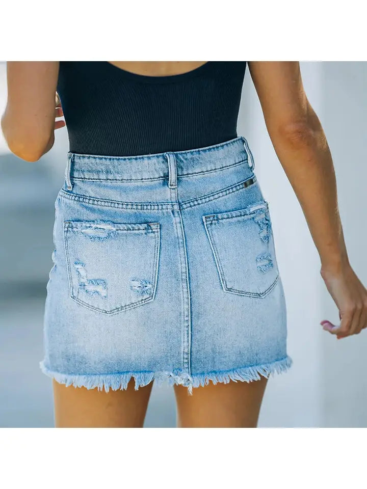 Distressed Raw Hem Denim Mini Skirt