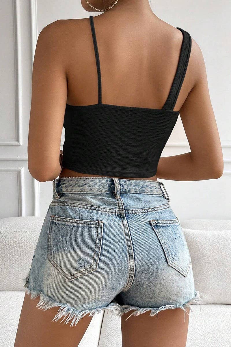 SLIM SEXY CUTOUT WAFFLE ULTRA SHORT HALTER TOP