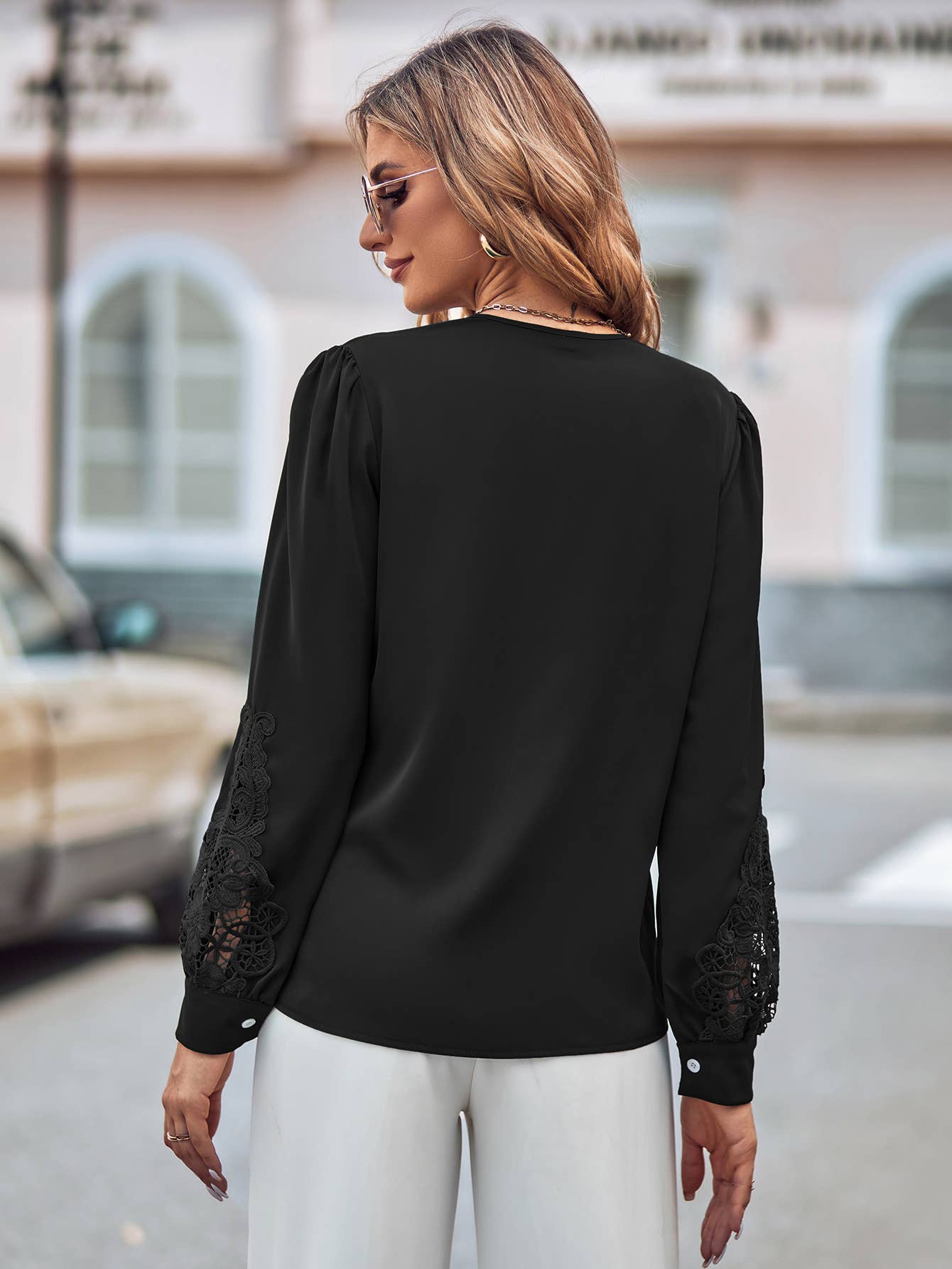 Lace Detail V Neck Button Down Blouse