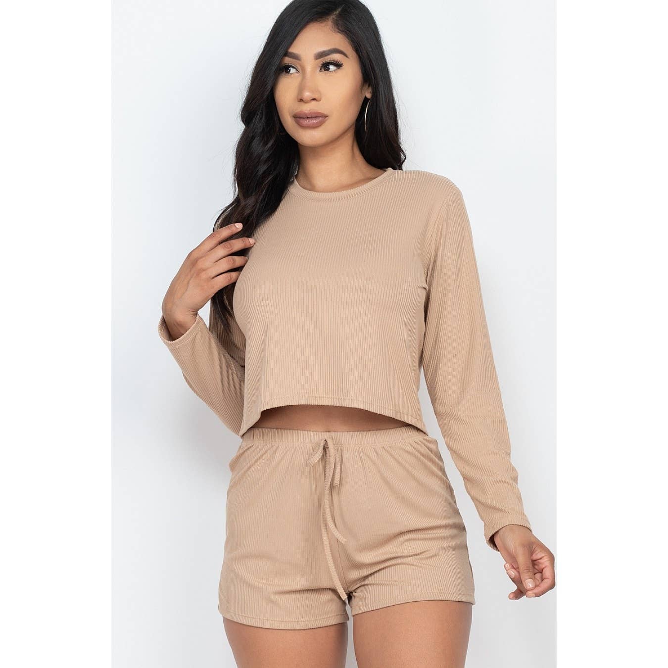 Ribbed Long Sleeves Top and Shorts Set