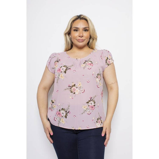 PLUS SIZE FLORAL ROUND NECK TULIP SLEEVE BLOUSE