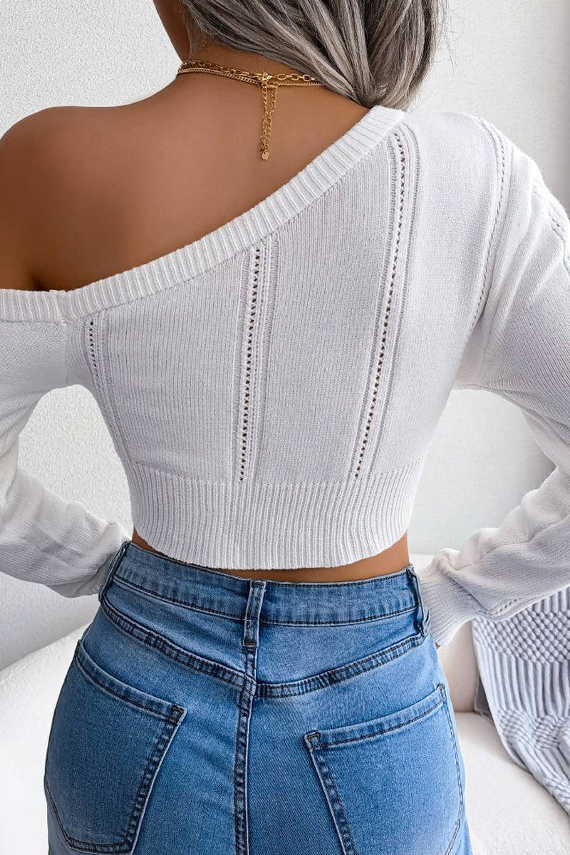 WOMEN EYELET ONE OFF SHOULDER SEXY CROP KNIT TOP