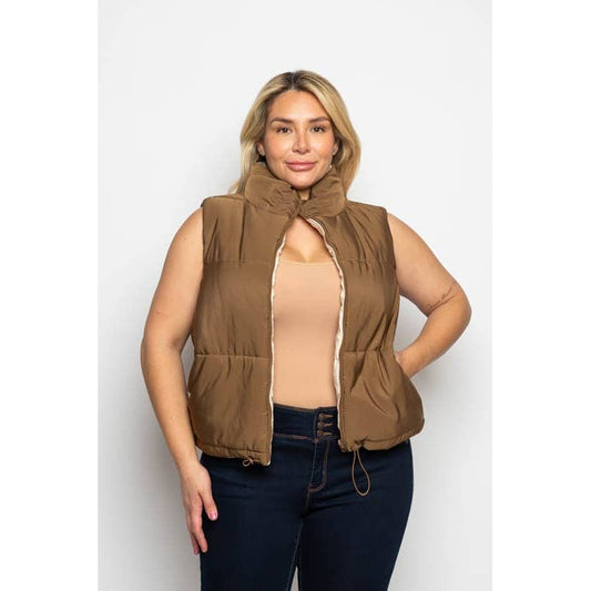 PLUS SIZE PADDED QUILTED REVERSIBLE ZIP UP BUNGEE DETAIL POC