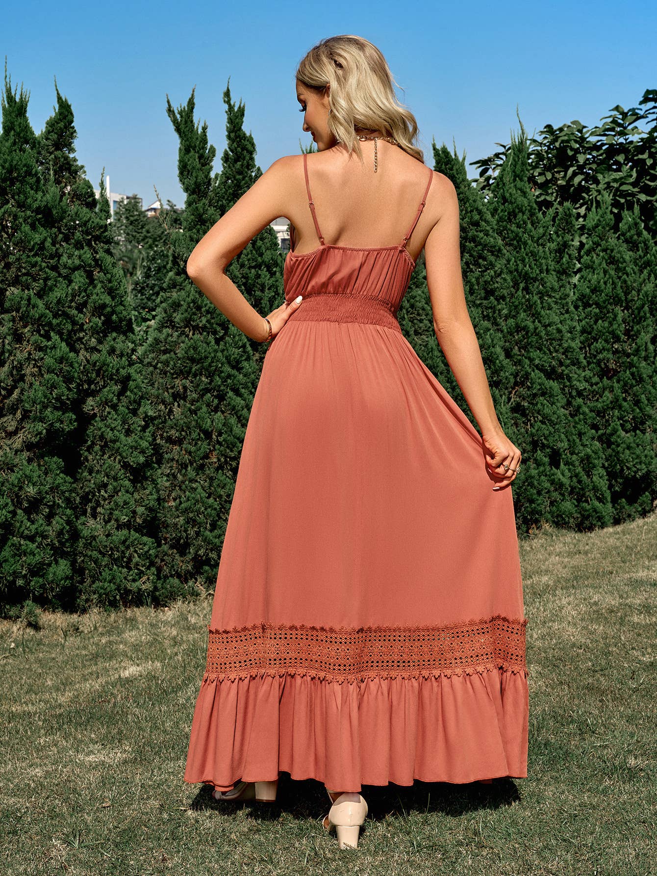 Surplice Crochet Trim Smocked Maxi Dress