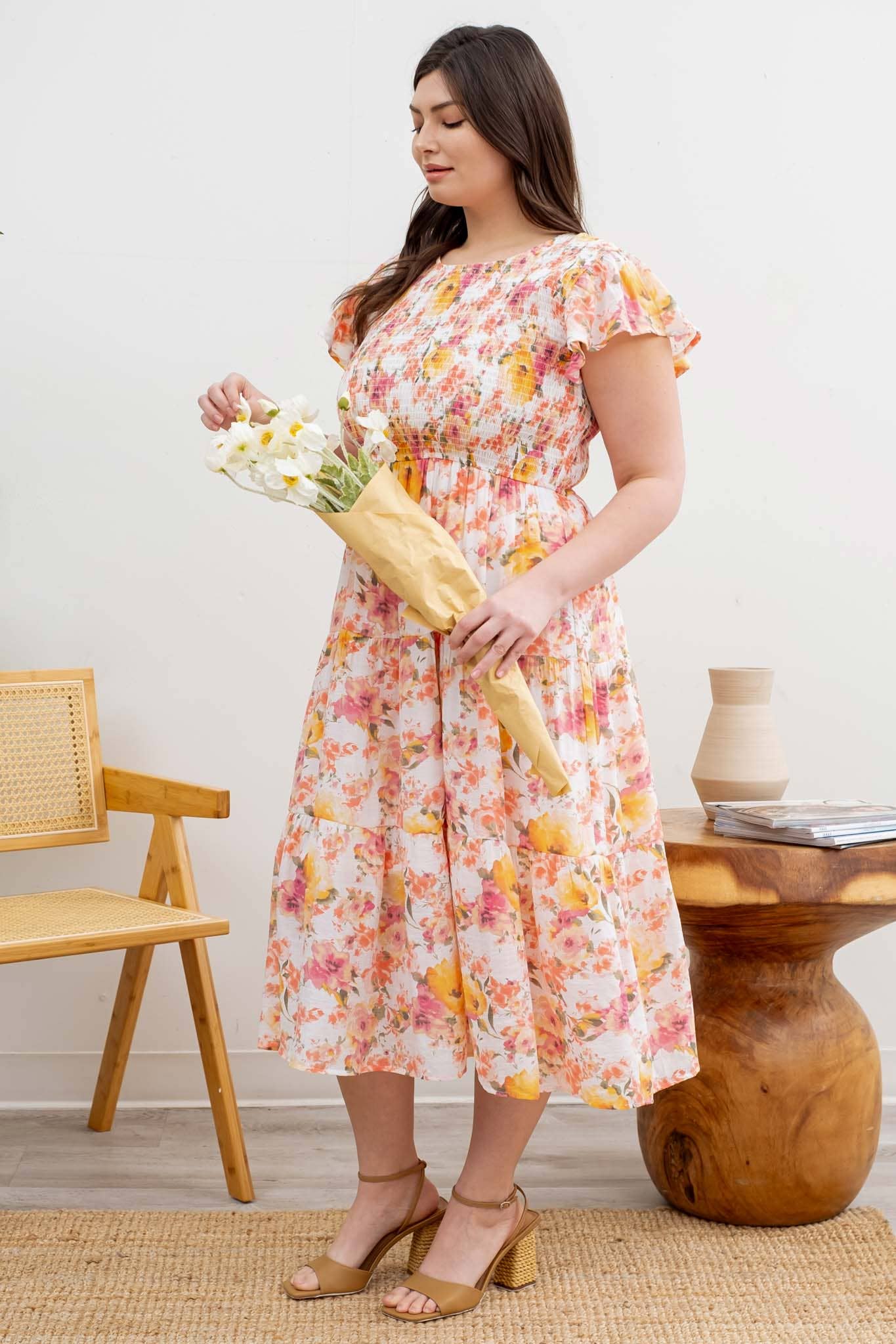 PLUS ROUND NECK FLORAL DRESS