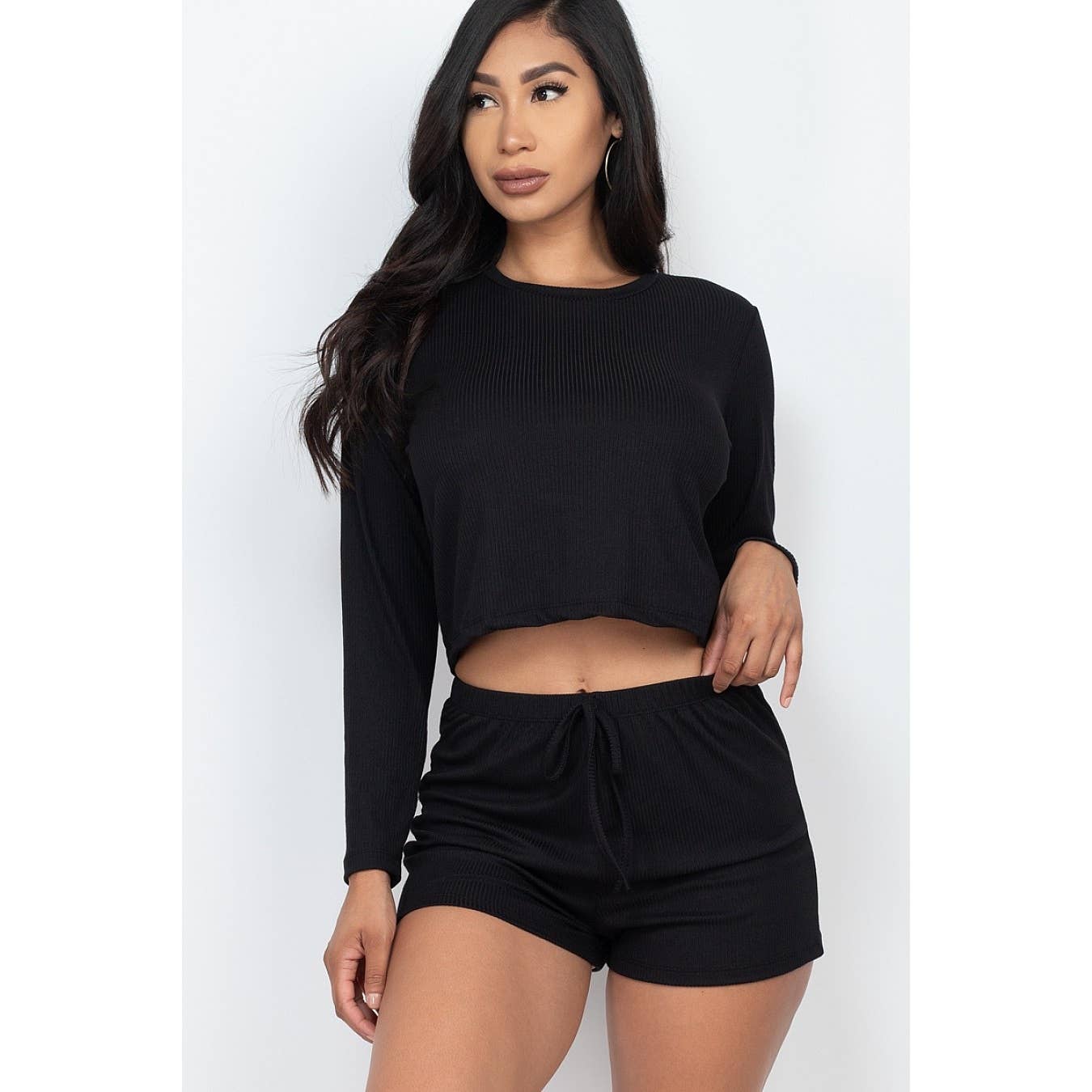 Ribbed Long Sleeves Top and Shorts Set