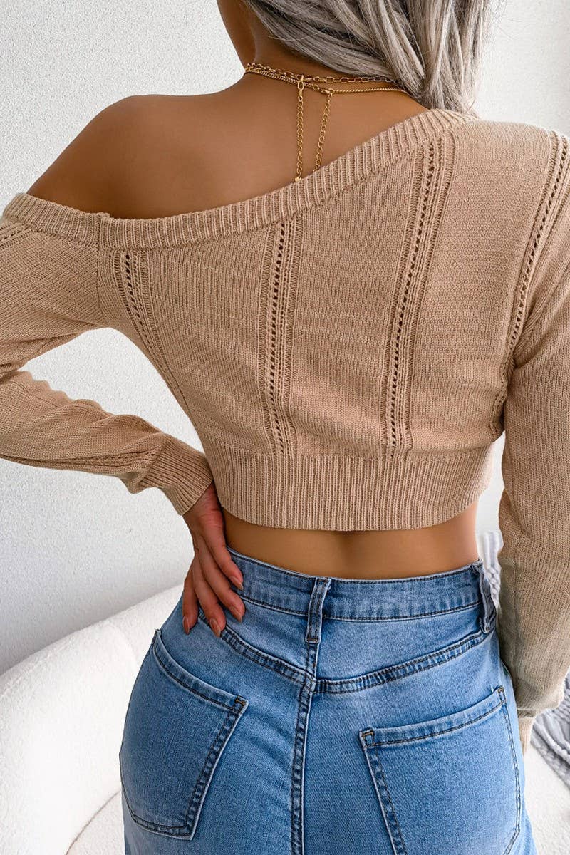 WOMEN EYELET ONE OFF SHOULDER SEXY CROP KNIT TOP