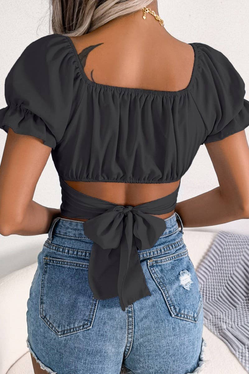 SHORT SLEEVE LACE UP CHIFFON CROP TOP