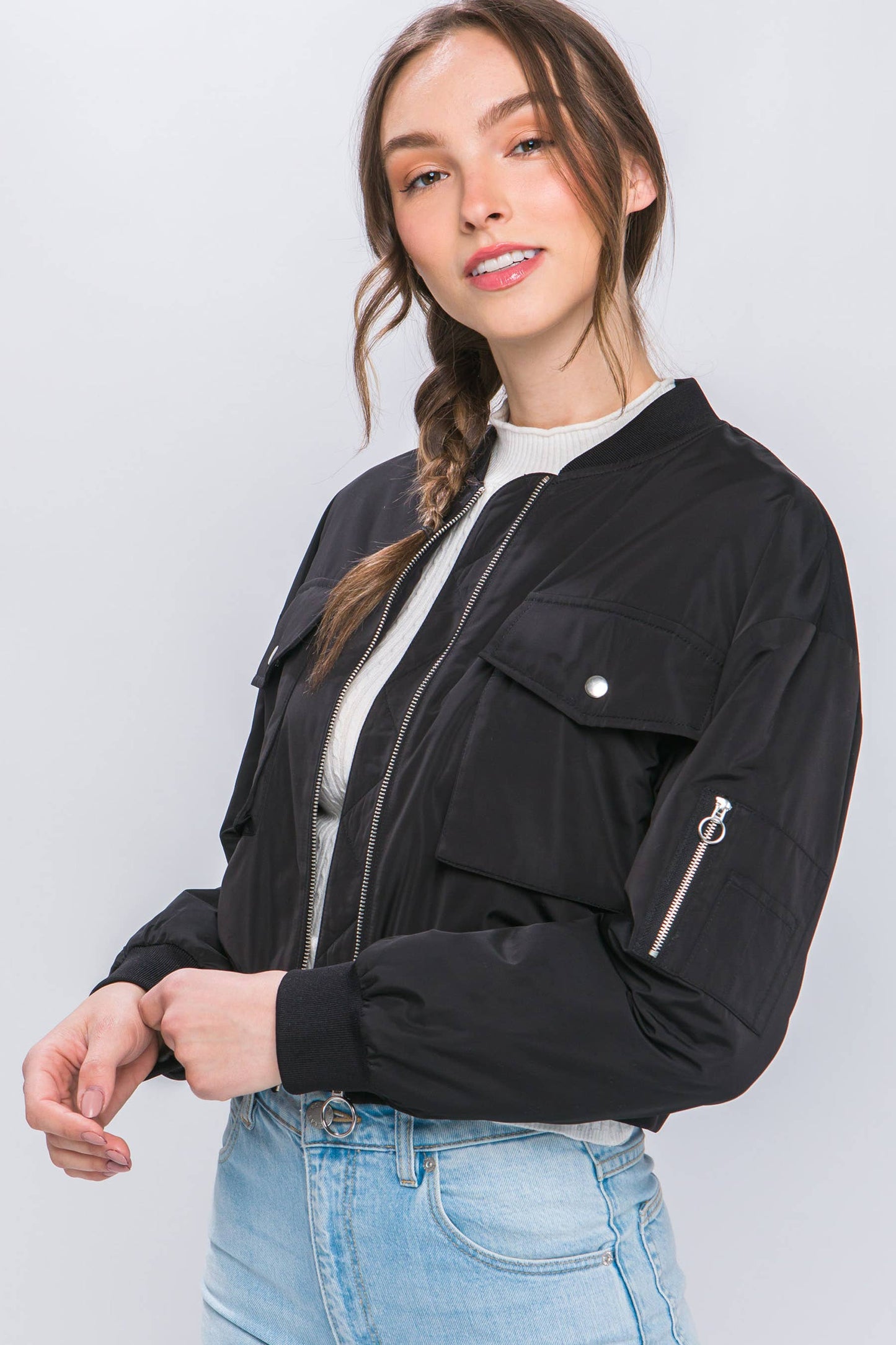 Cropped Zip Up Bomber Jacket