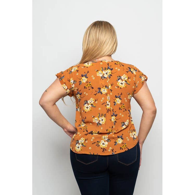 PLUS SIZE FLORAL PRINT ROUND NECK BLOUSE