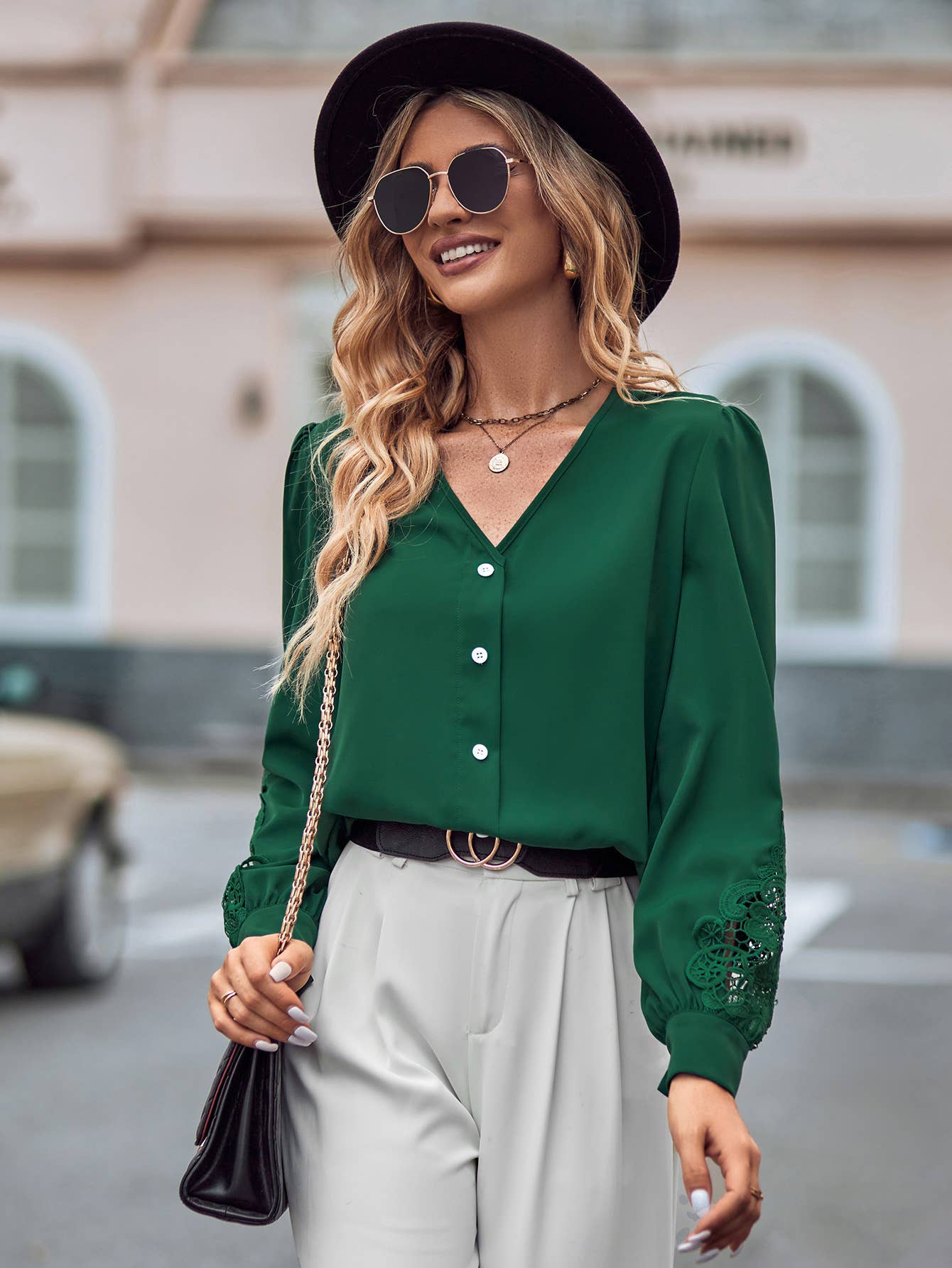 Lace Detail V Neck Button Down Blouse