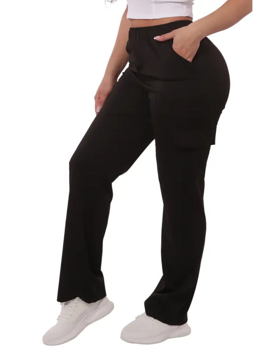 Womens Mid Rise Straight Leg Pants with Cargo Pockets