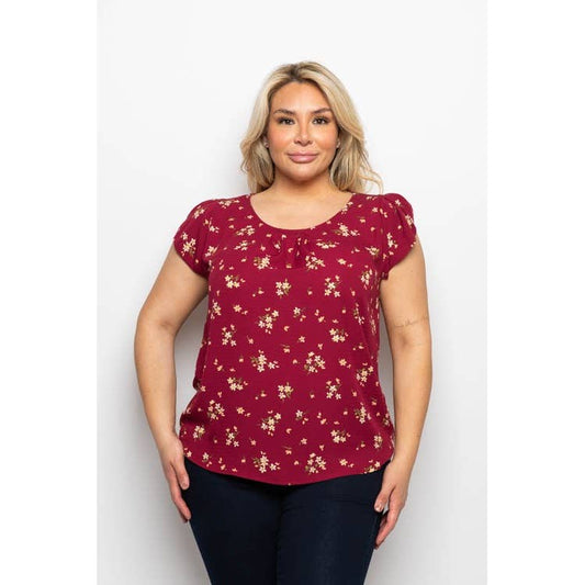 PLUS SIZE FLORAL ROUND NECK TULIP SHORT SLEEVE BLOUSE