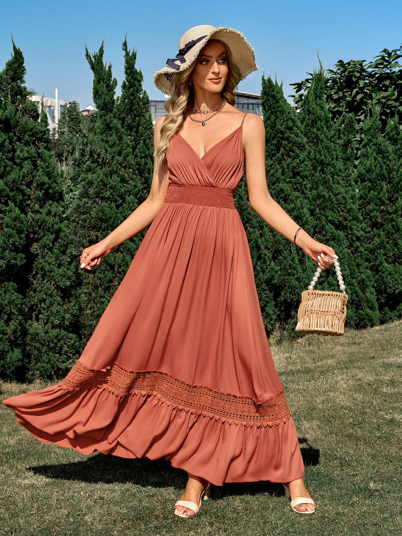 Surplice Crochet Trim Smocked Maxi Dress