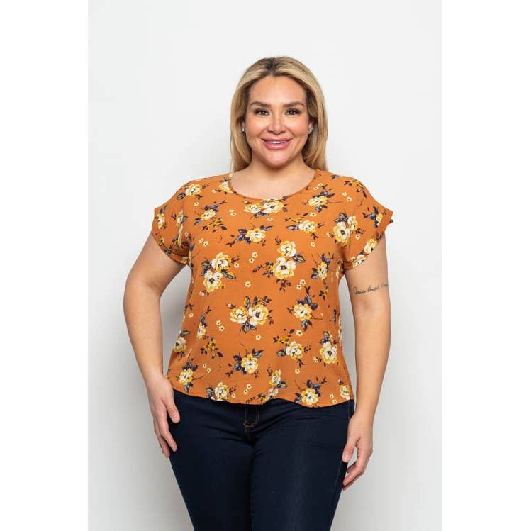 PLUS SIZE FLORAL PRINT ROUND NECK BLOUSE